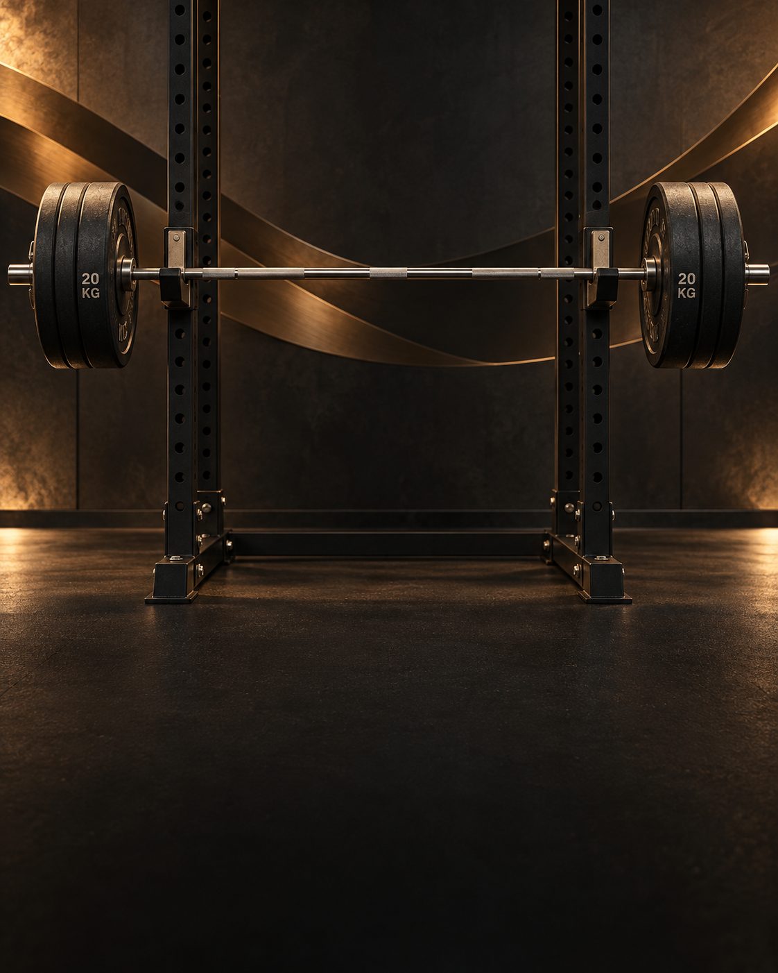 Loaded barbell in a strength-training rack