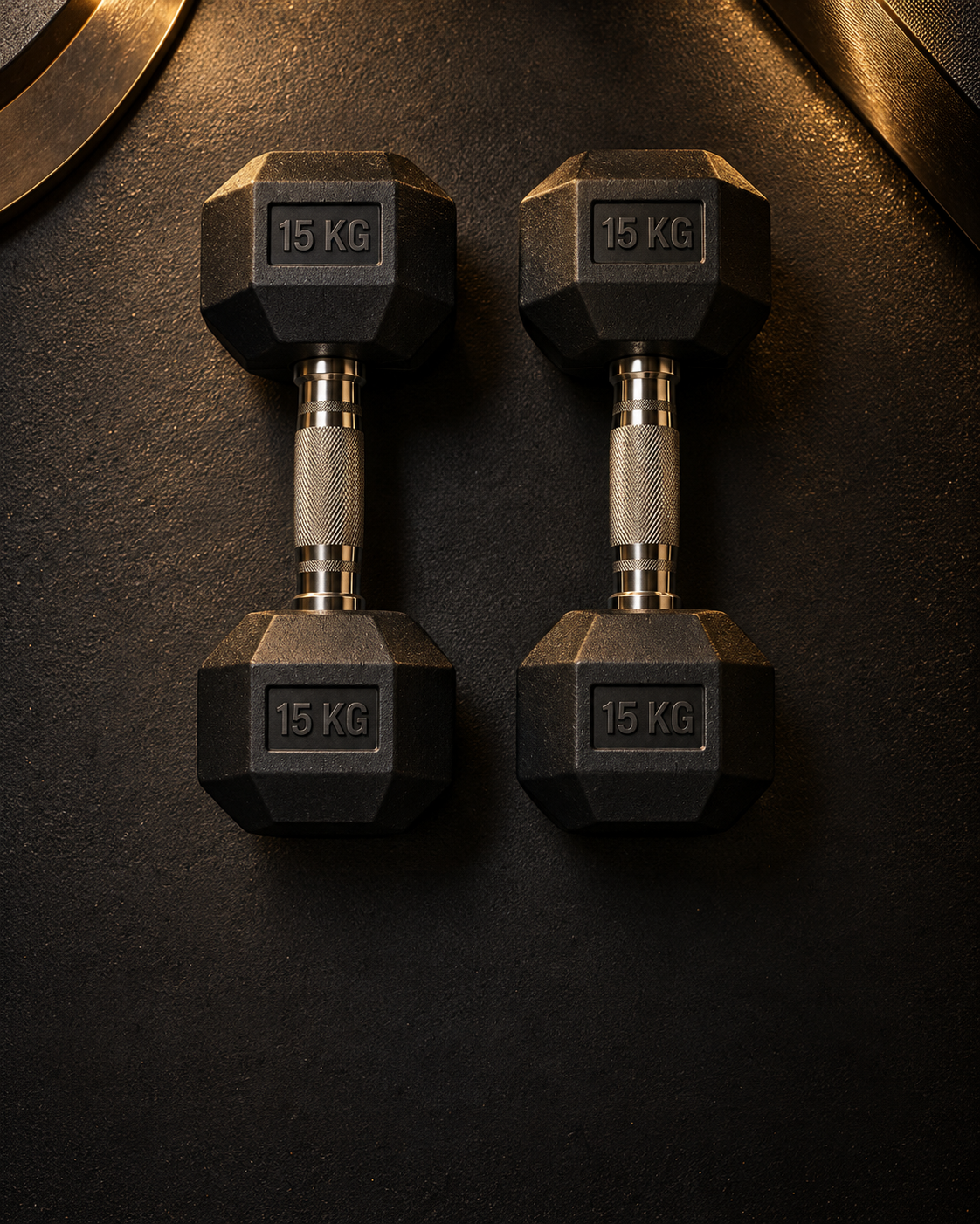 Two black dumbbells each marked 15 KG